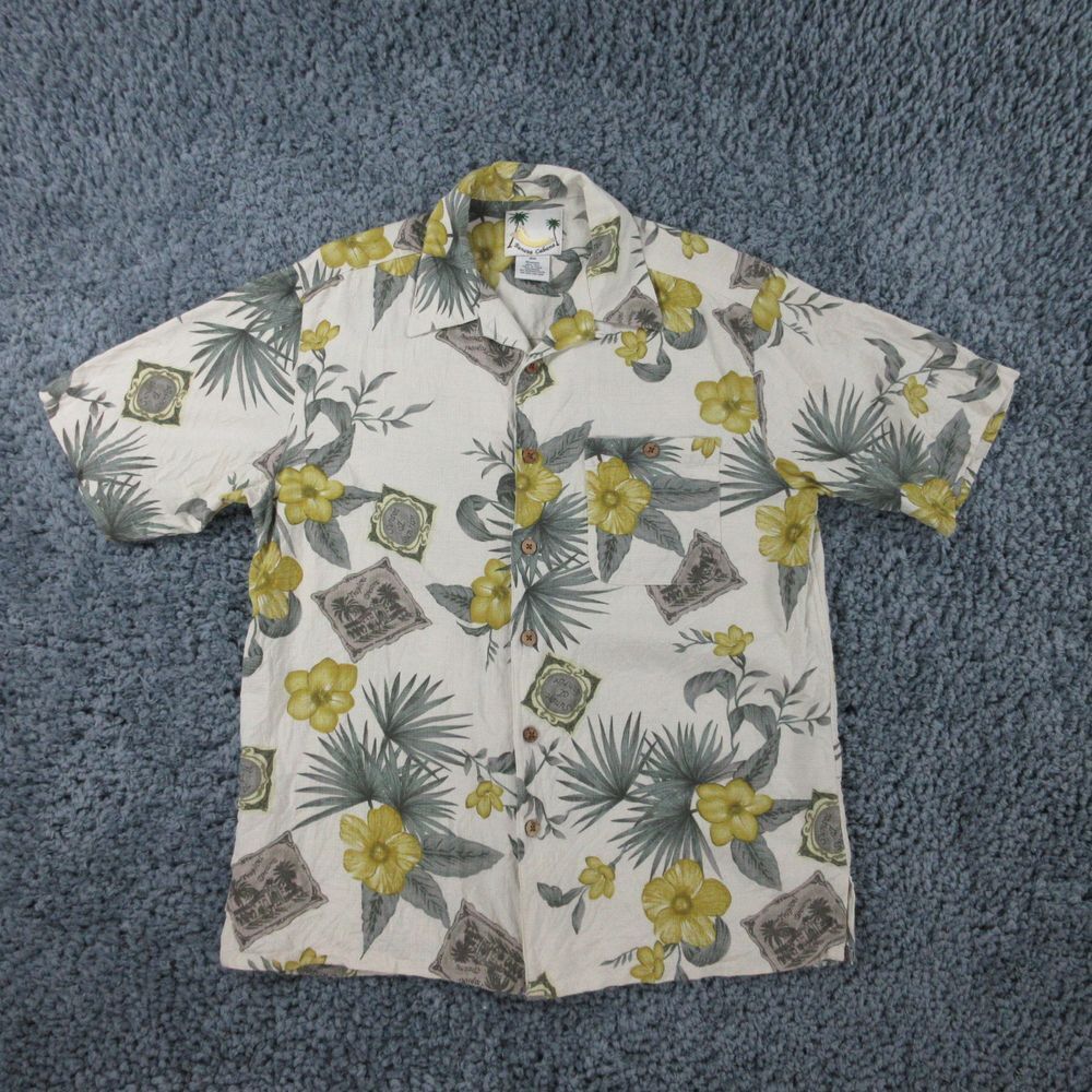 Banana Cabana Shirt Mens Medium Beige Floral Hawaiian Tropical Beach Silk